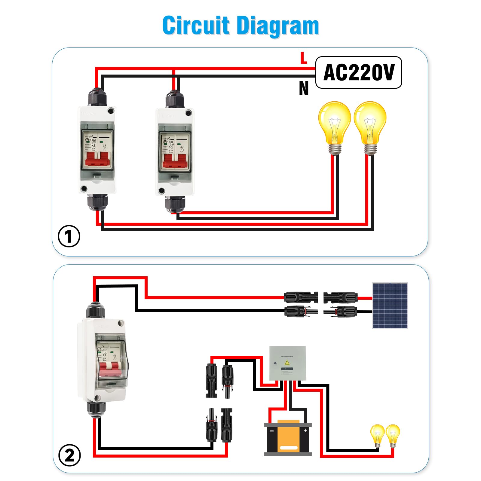 Sectionneur DC pour installation PV, Sectionneur solaire, 2 pôles, DC500V 32A, IP65 Sectionneur PV étanche,Disjoncteur DC avec câble de 260mm pour systèmes photovoltaïques réparation remplacement