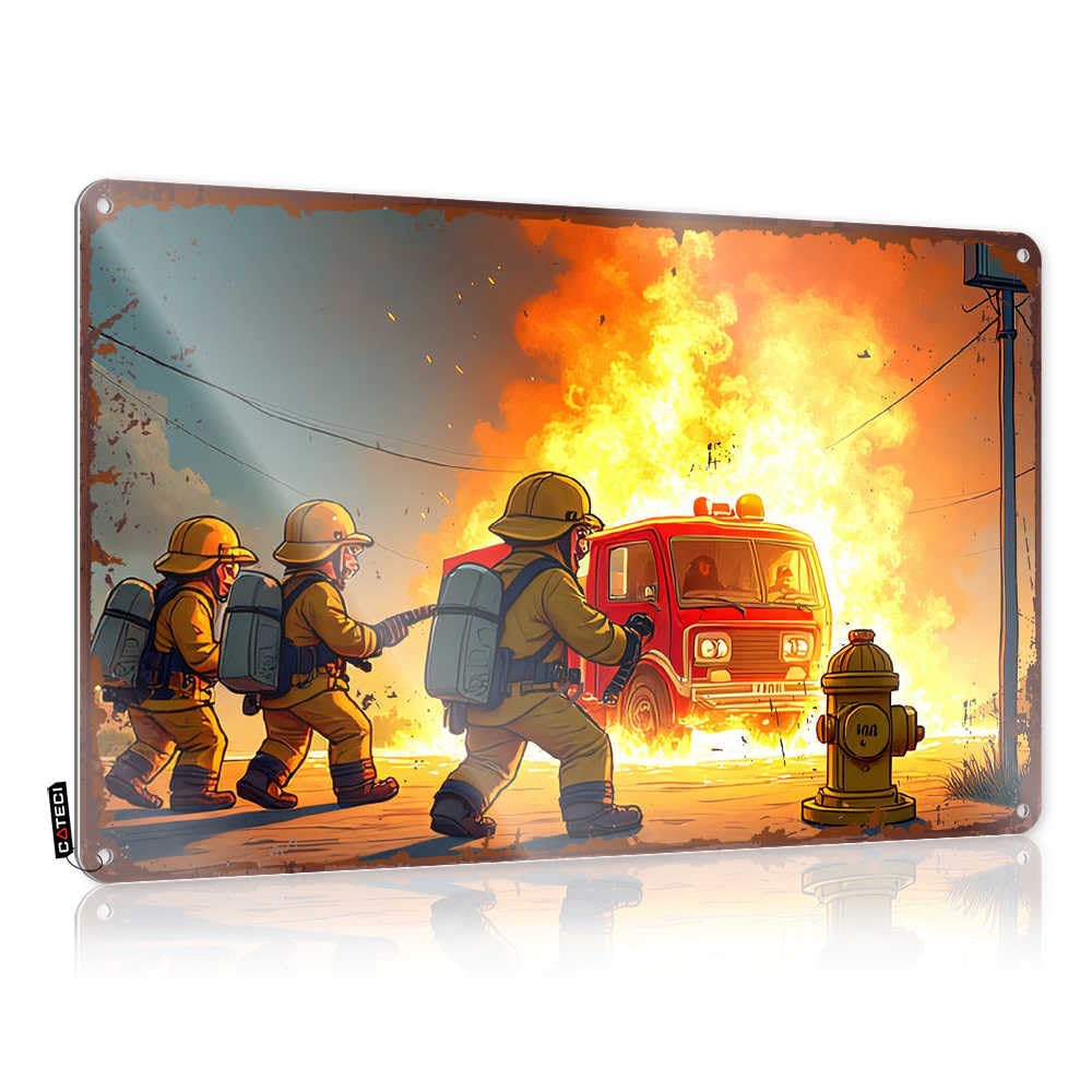 Fzfn Girls Colour Firefighters Battling Blaze Near Burning Truck Retro Wall Decor Vintage Bar Decor Decorative | Nice Soft Bath Hanging Art For Premises Living Room(20X30cm)