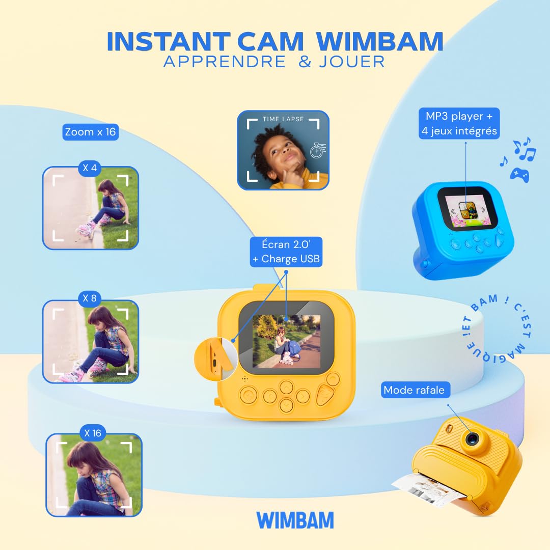 Appareil Photo Instantané Enfant, 1080P HD Appareil Photo Numérique Enfant avec Papier d'impression - Écran 2.0", Mode Selfie et Video, 4 Jeux, Cadeau Jouet pour Filles Garçons 3-12 Ans (Bleu)