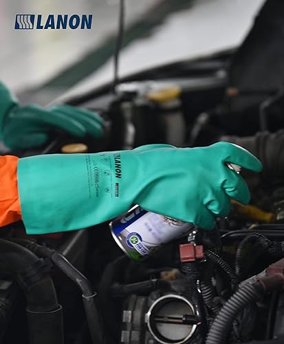 Miniatura 5 de LANON 3 pares de guantes de nitrilo resistentes a productos químicos, guantes de goma reutilizables de alta resistencia, protección contra ácidos,