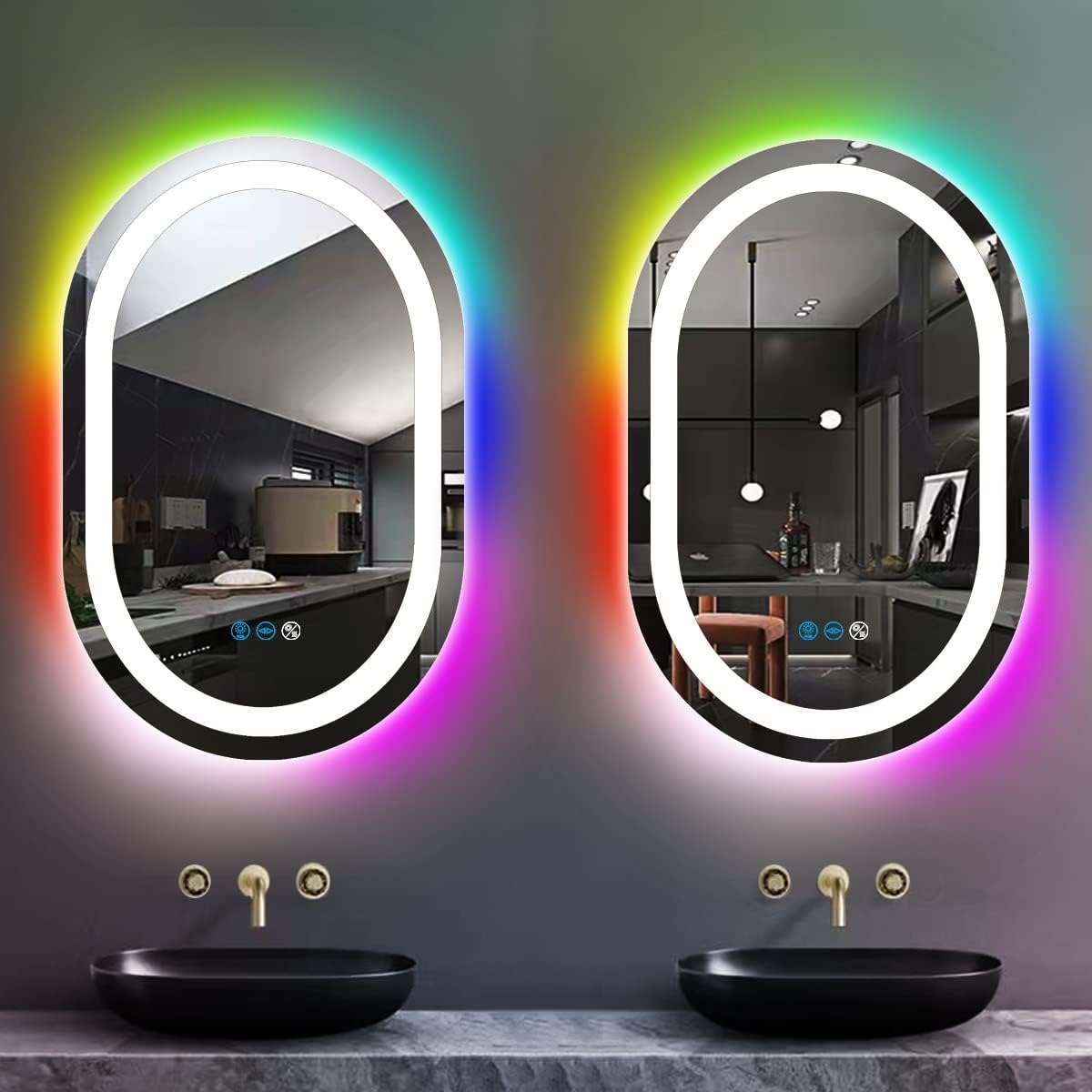 32 x 20 Inch RGB Oval Bathroom Mirror with Smart Dimmable 3 Color Front Lights & Rainbow Colorful Changing Backlit Oval Lighted Vanity Mirror for Bathroom Wall Horizontal or Vertical Mounted