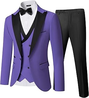 Men's 3 Piece Slim Fit Wedding Tuxedo Set, Peak Lapel One Button Suit Jacket, Double Breasted Vest Pants with Bow Tie