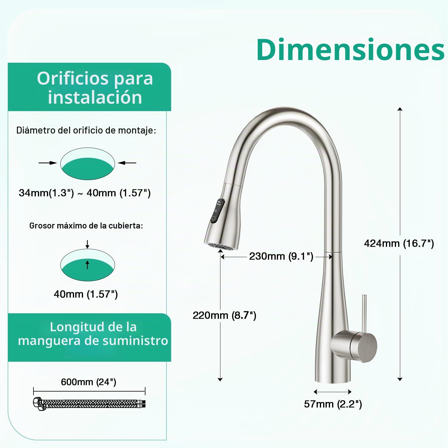 CREA Grifo de Cocina para Fregadero con Ducha extensible, Mezclador Monomando, cepillado