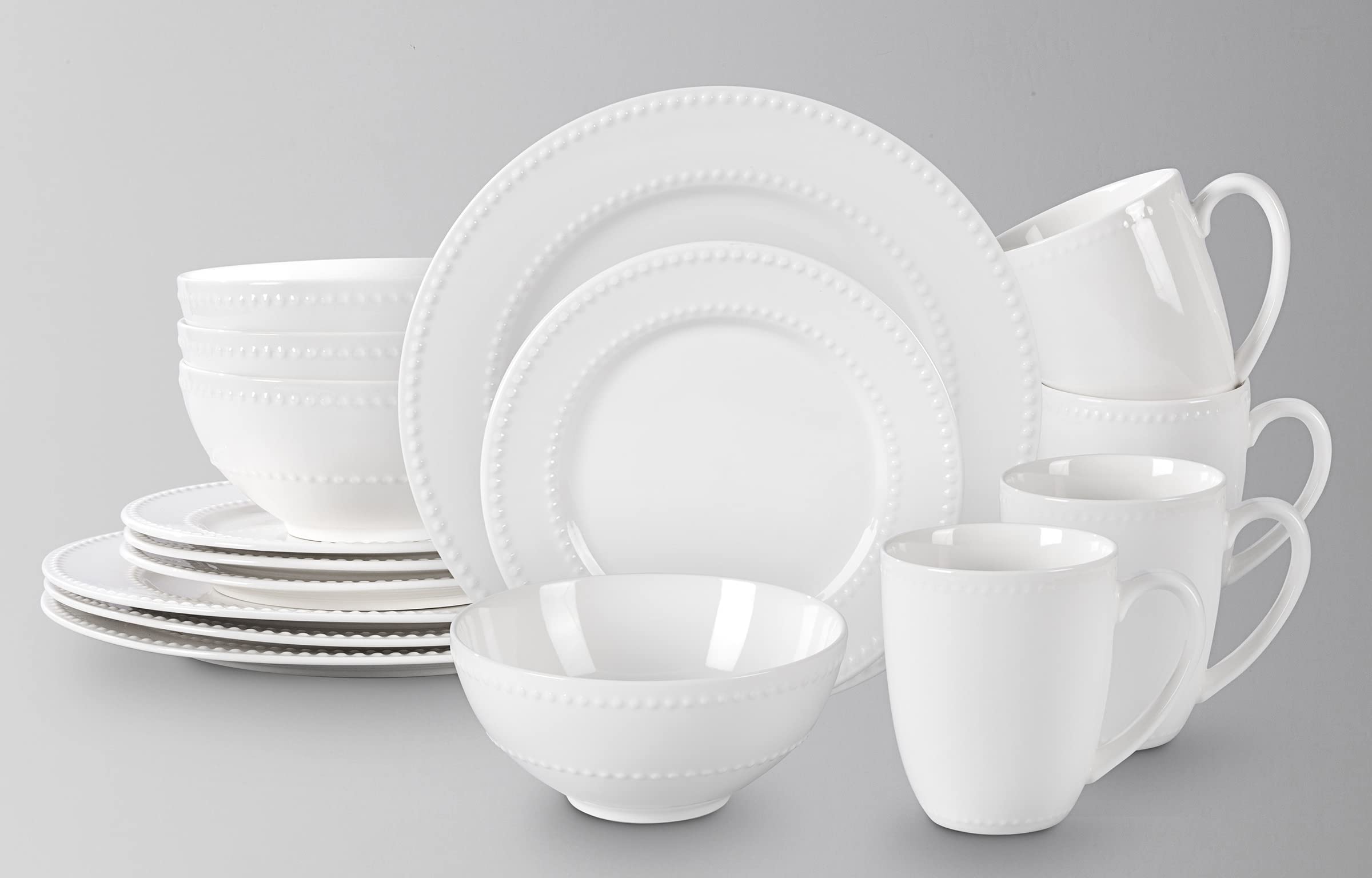 HomeVss, New Bone China Dinnerware Set, Embossed Pearl Design, 16pc Set
