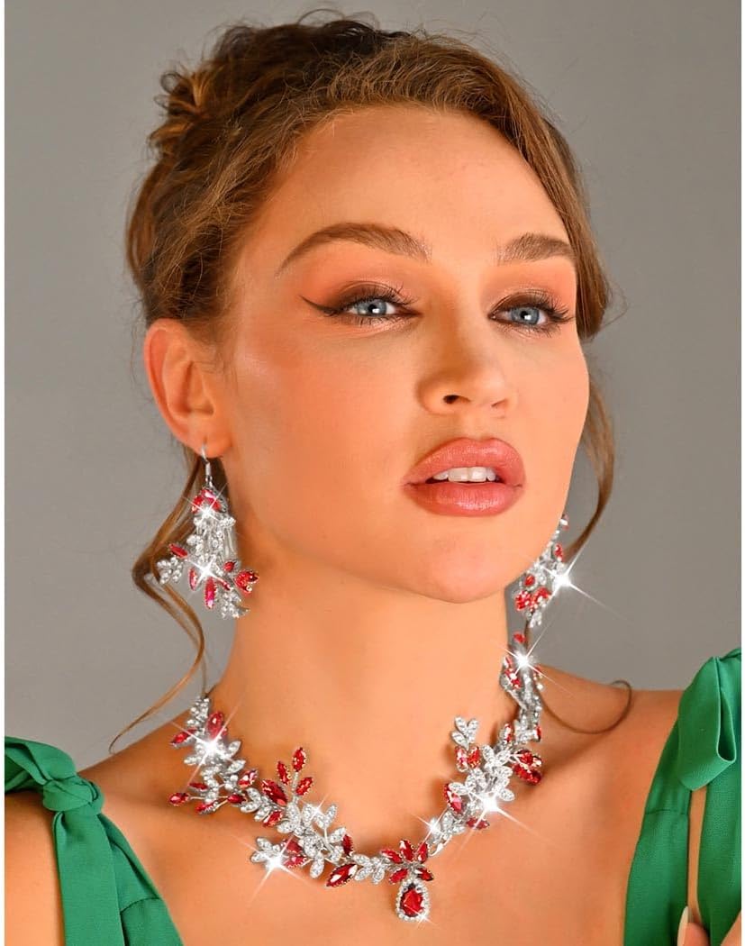 Unicra Bridal Wedding Jewelry Set Gold Green Crystal Necklace Earrings Sets Rhinestone Formal Costume Mothers Day Gifts Jewelry for Women and Brides - Image 6