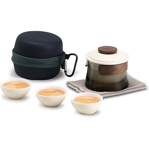 Travel Tea Set, Portable Chinese Kung Fu Tea pot, 1 Teapot 3 teacup Set with Tea Infuser, Portable All in One Gift Bag for Outdoor Picnic Business Hotel