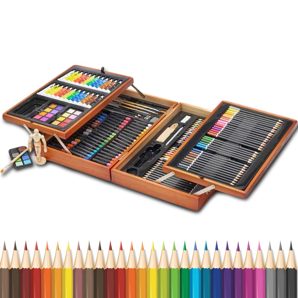 BAKAJI Valigetta Pittore in Legno Professionale 185 Pz, Set Artistico con Pastelli ad Olio, Acquerelli, Matite Colorate, Pittura acrilica,Custodia Portatile con Manico, Bambini e Adulti