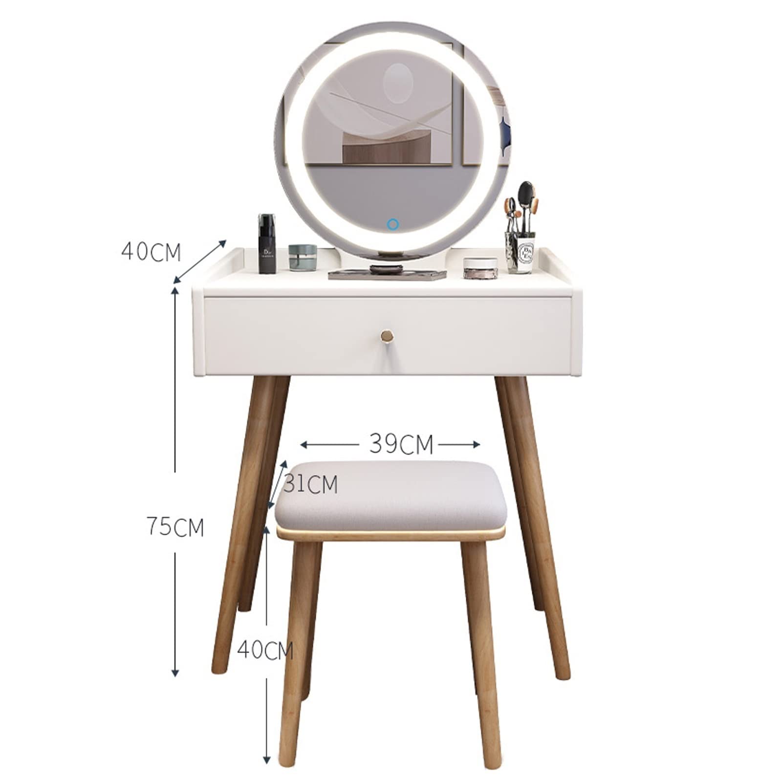 Specchio da trucco illuminato con tavolo da trucco con porta scorrevole, sgabello 1 cassetto, per camera da letto, tavolino da toeletta bianco per gli amanti del trucco, design salvaspazio, estetica