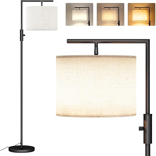SUNMORY Modern Floor Lamps for Living Room, Standing Lamp with Rotary Switch, Tall Pole Floor Reading Lamp with Hanging Shade for Study Room, Office, 3Color Temperatures 9W Bulb Include(Black)