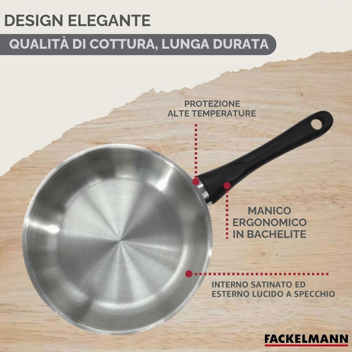 Fackelmann 9441450 - Set 3 padelle 20 24 e 28 cm, in acciaio inox 18/8, padella da cucina, tutti i fuochi, induzione, senza PFAS, acciaio inossidabile 18/8, 20 24 e 28 cm