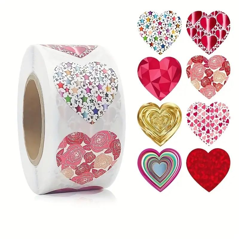 Posoto Heart Stickers 500Pcs Self-Adhesive Shiny Reward Stickers - 2.5CM Waterproof Heart Stickers - Colorful Sparkly in 8 Colors for Children, Crafts and Activitie