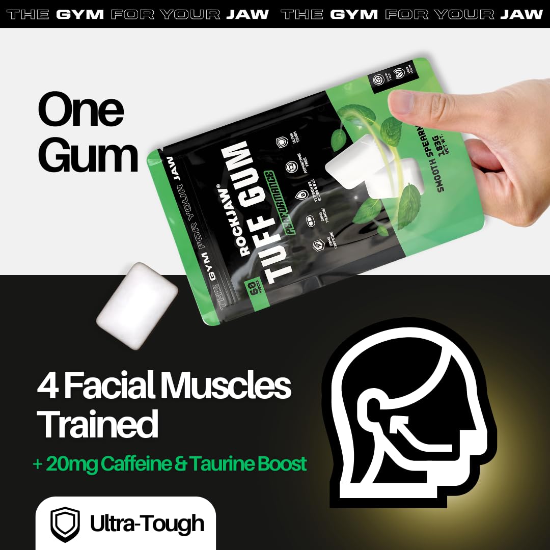 ROCKJAW® Tuff Gum Performance | Gomma da masticare per l'allenamento della mascella | 40mg di caffeina | 40mg di taurina | Vitamine del gruppo B | Senza aspartame, senza zucchero | 1350mg di xilitolo