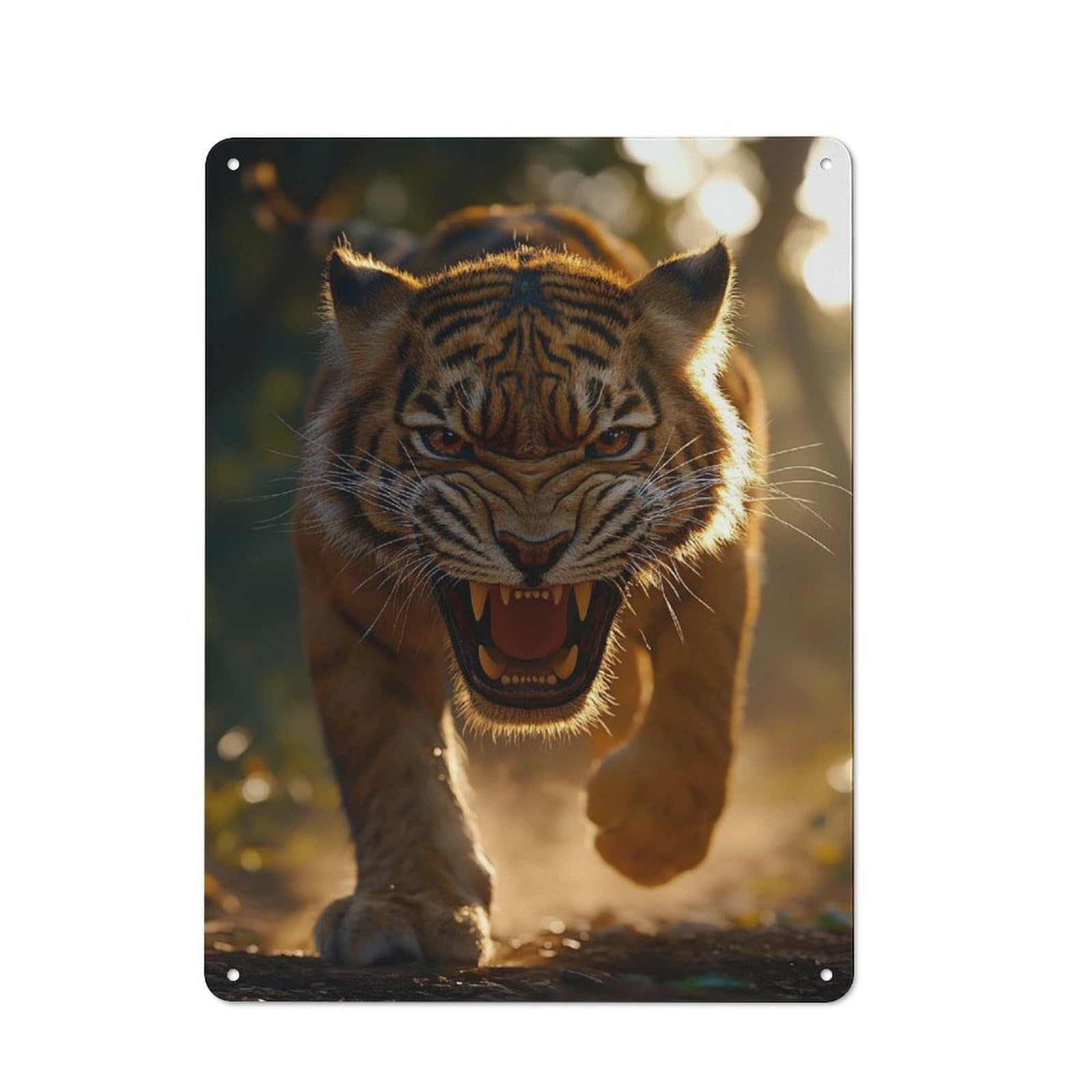 Rustic Tin Sign with Roaring Tiger Approaching Design 40x30cm, Casual Garden Room Wall Plaque for Shed, Garden Room, Porch Or Garage