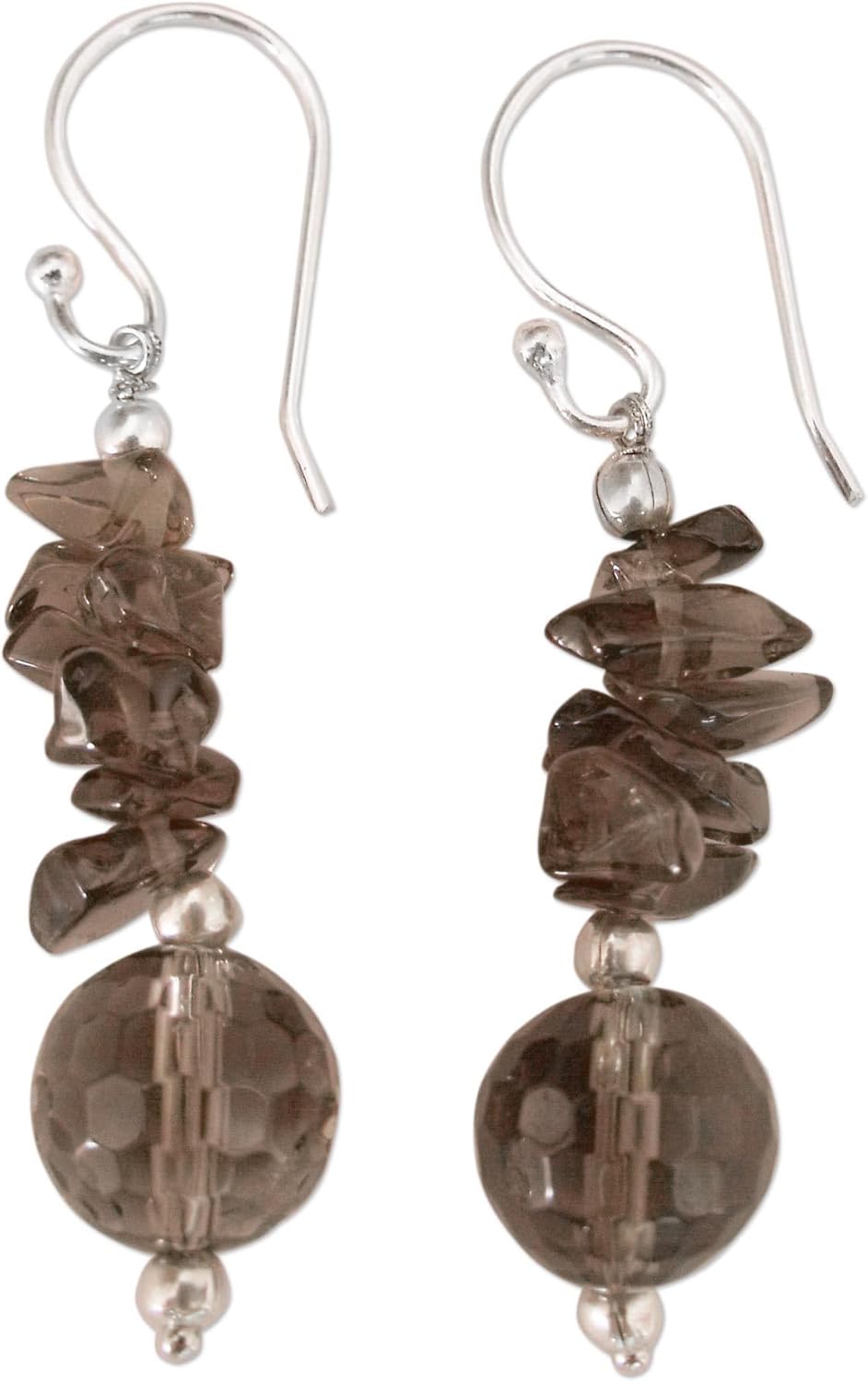 NOVICA Artisan Handmade Smoky Quartz Dangle Earrings Sterling Silver Brown Beaded India [1.8 in L x 0.4 in W x 0.4 in D] ' Mumbai Mist'