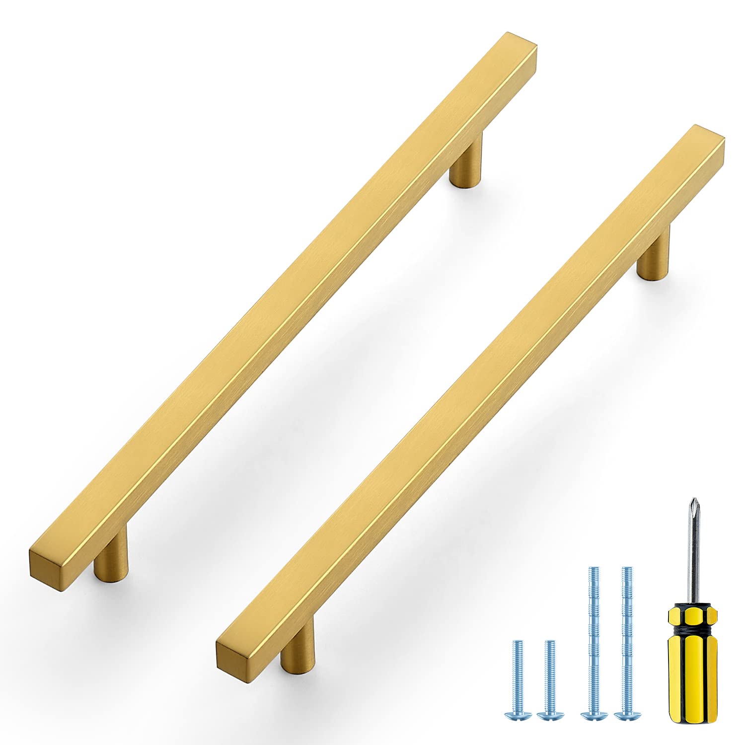 Ravinte 5 Pack Gold Cabinet Handles 7-1/2 Inch Brushed Brass Square Cabinet Pulls Gold Hardware for Kitchen Cabinets - 10 Inch Total Length