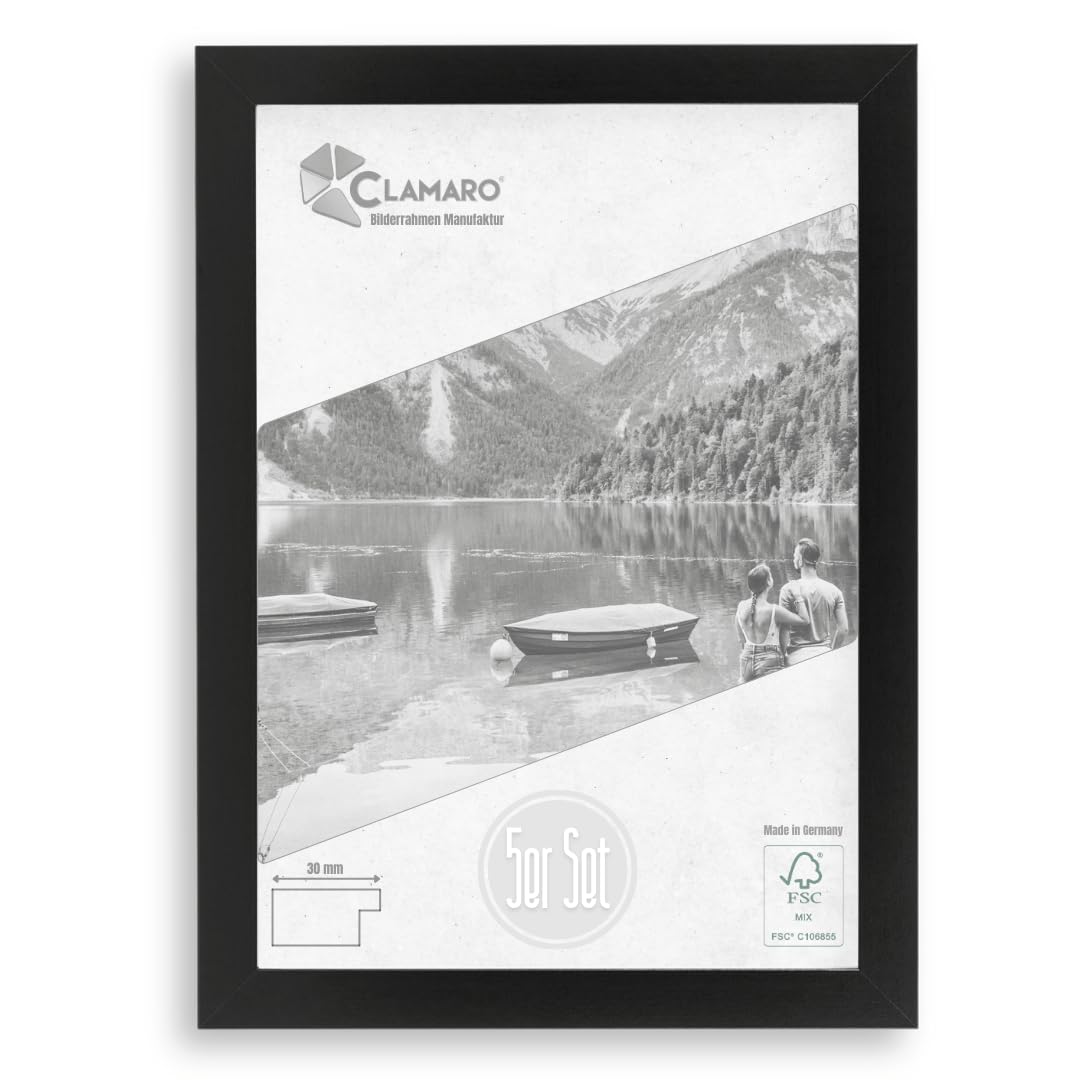 CLAMARO 'COLLAGE' Set of 5 Picture Frames DIN A4 (21 x 29.7) Handmade Made to Measure Black Matt Modern Square MDF Wood Set of 5 Picture Frames Including Acrylic Glass, Back Panel and Hanger — image 1