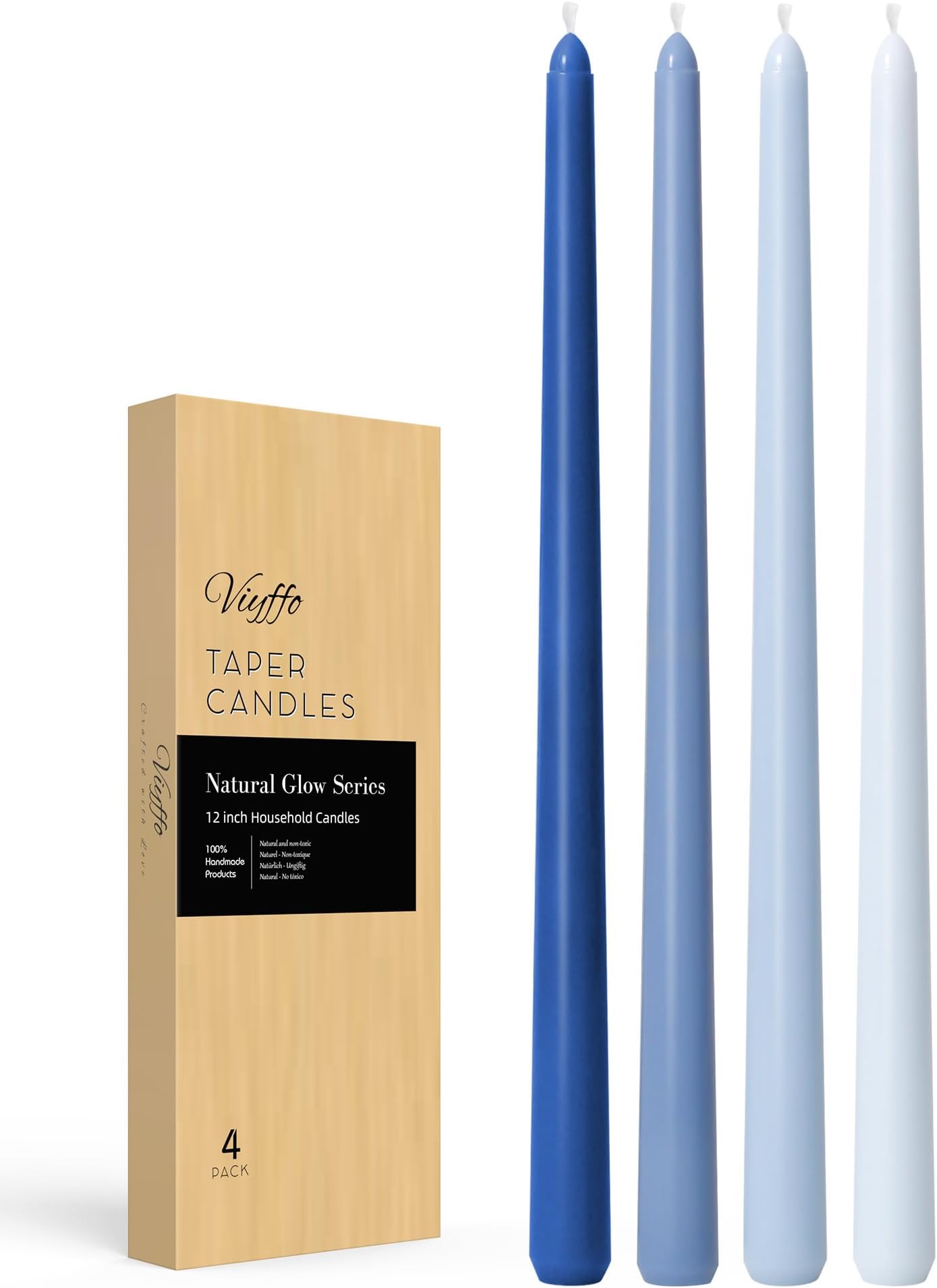 Viyffo Taper Candles 12 Inch Blue Set of 4 Unscented, Dripless, Smokeless Long Tall Tapered Candlesticks Wedding Advent Home Decor Dinner Christmas-Natural Color series