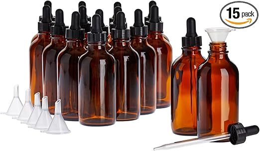 Juvale 15 Pack of 4oz Amber Glass Bottles with Dropper Dispenser & 6 Funnels for Essential Oils, Travel, Perfumes, Liquids, Hair & Body Oils (21 Total Pieces, 120ml) - Amber Glass Bottle Set