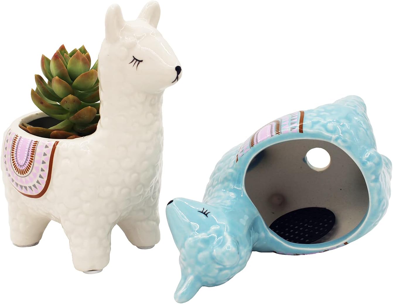 Alpaca Succulent Pots, 2 Pc. Set Animal Planter, Decorative Ceramic Planters for Indoor Home Decor Living Room Kitchen or Outdoor Garden, White and Turquoise