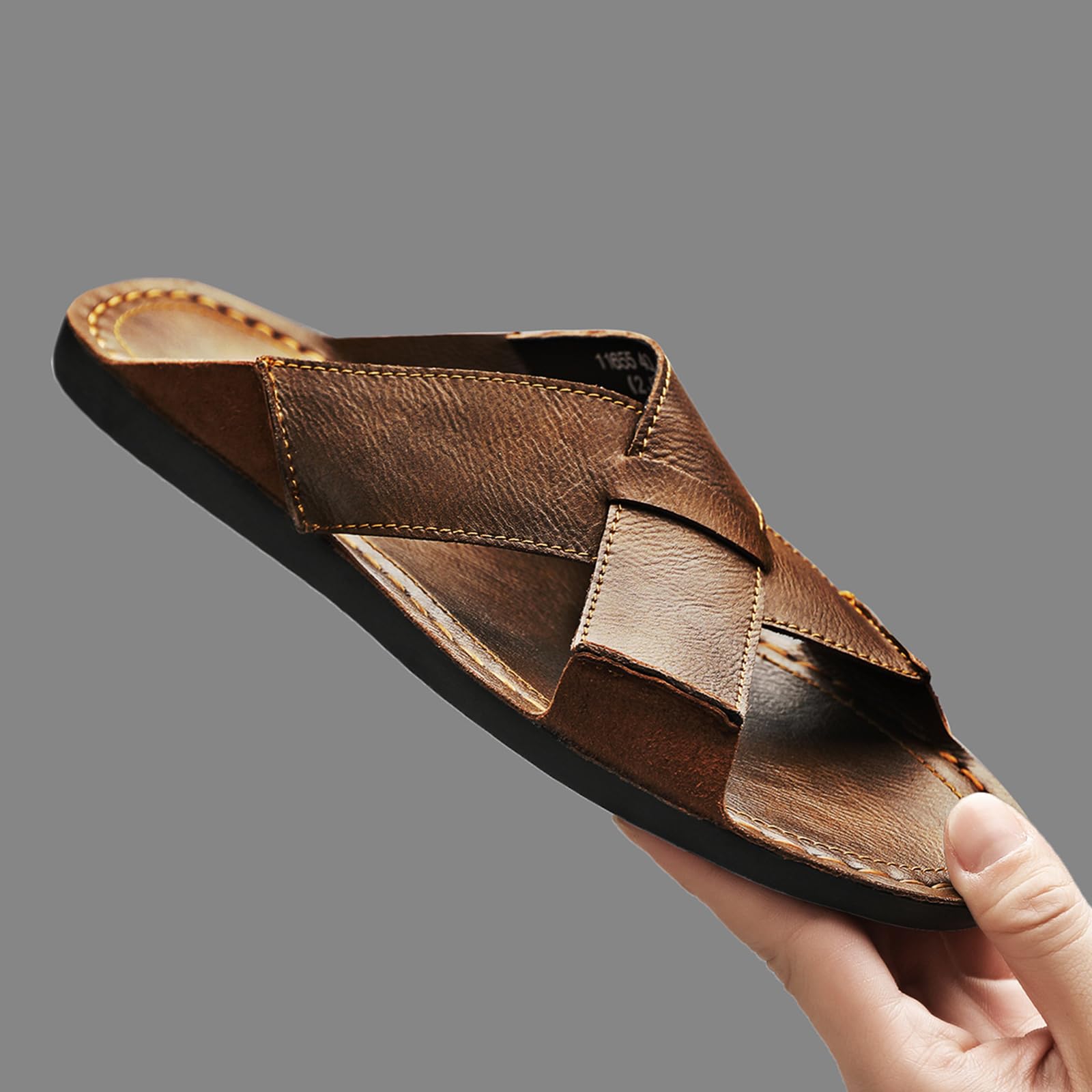 Sandalias de piel auténtica para hombre, cómodas, ligeras, abiertas, redondas, sin cordones, para exteriores, caminar, sandalias casuales de playa
