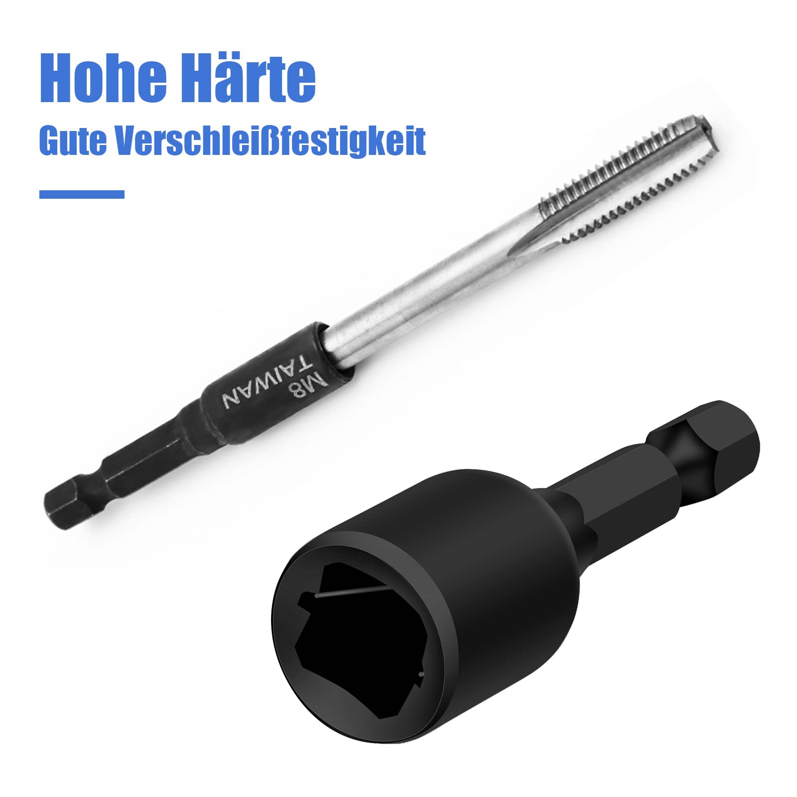 Mesee 8-teiliger M4-M16 Gewindebohrer-Stecknuss-Adapter, 1/4 Zoll Sechskantschaft Maschinengewindebohrer Treiber, Gewindebohrer Stecknuss Nuss Adapter für Bohrmaschine