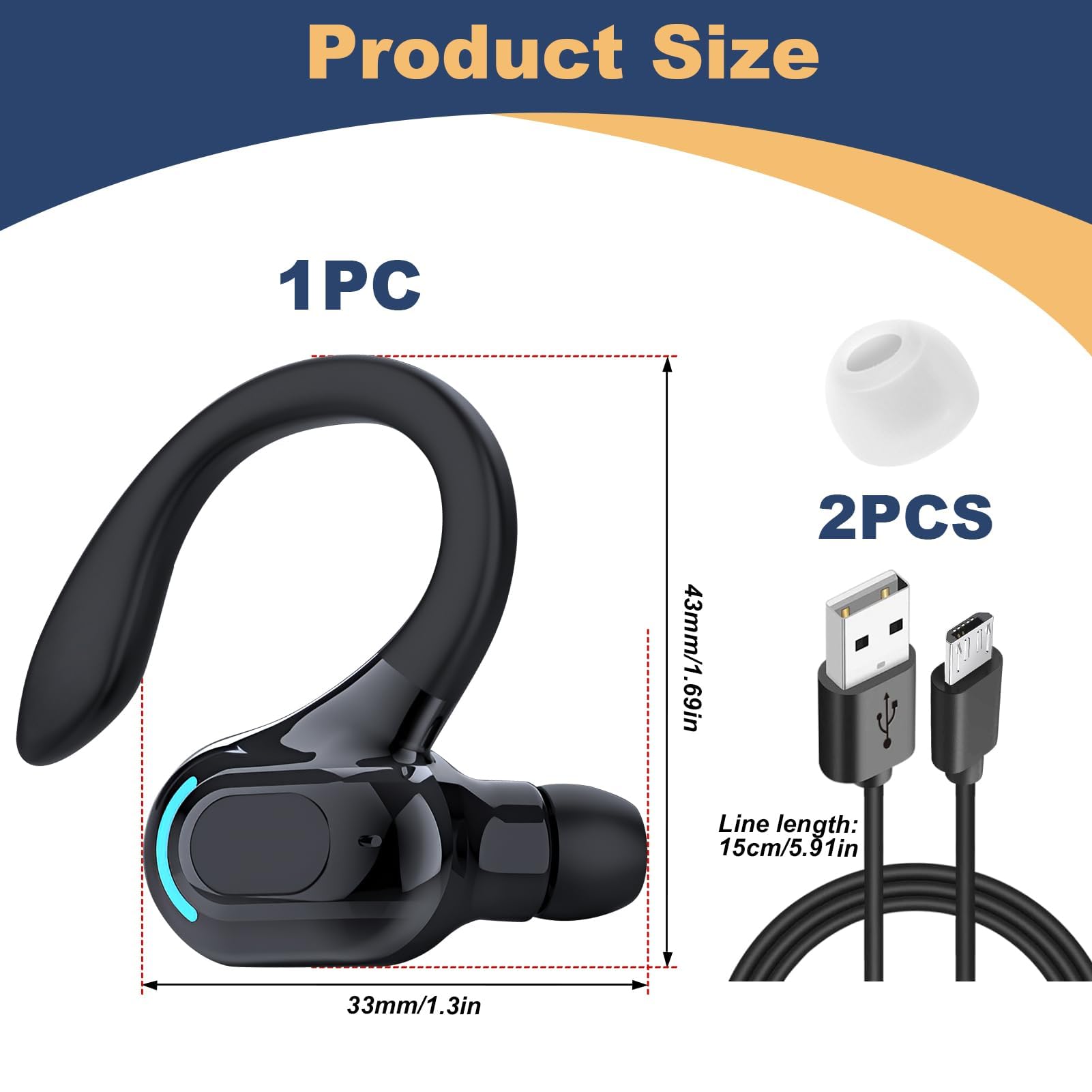 Auricolare Bluetooth V5.2 Singolo Senza Fili con Integrato Microfono Cuffie Mono Wireless Riduzione Rumore Sportivo Lungo Raggio HD Chiamata 20 Riproduzione per iPhone Android PC con Cavo di Ricarica