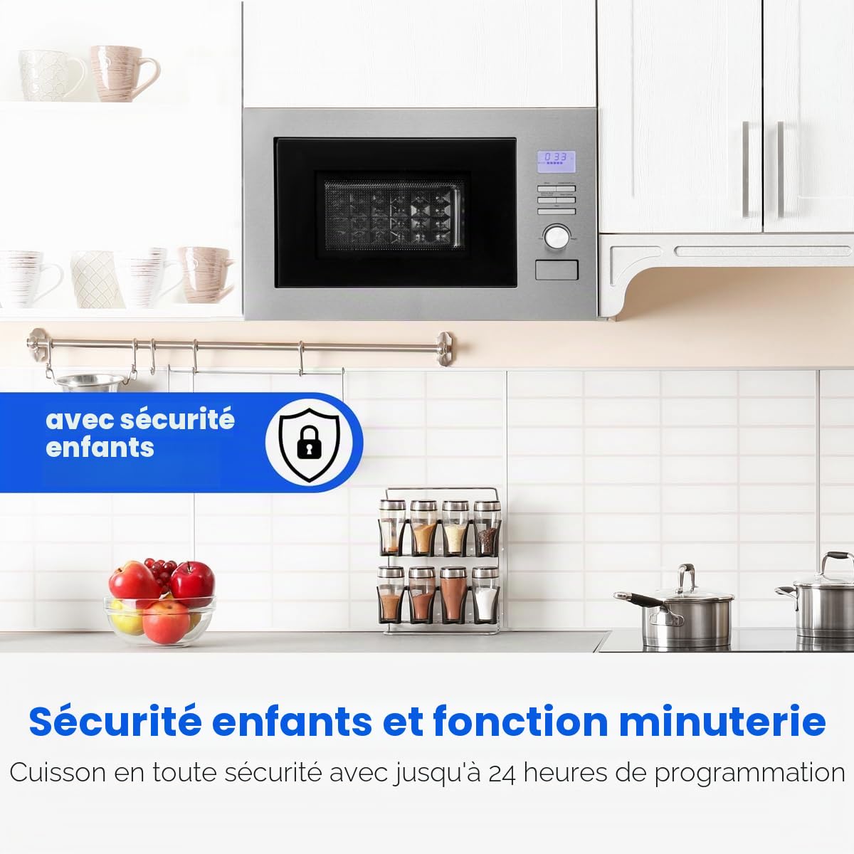 Bomann MWG3001HEB Micro-ondes encastrable 3 en 1 avec grill et air chaud, écran LCD, 8 programmes automatiques, fonction minuterie, espace de cuisson 25 l, intérieur en acier inoxydable, argenté
