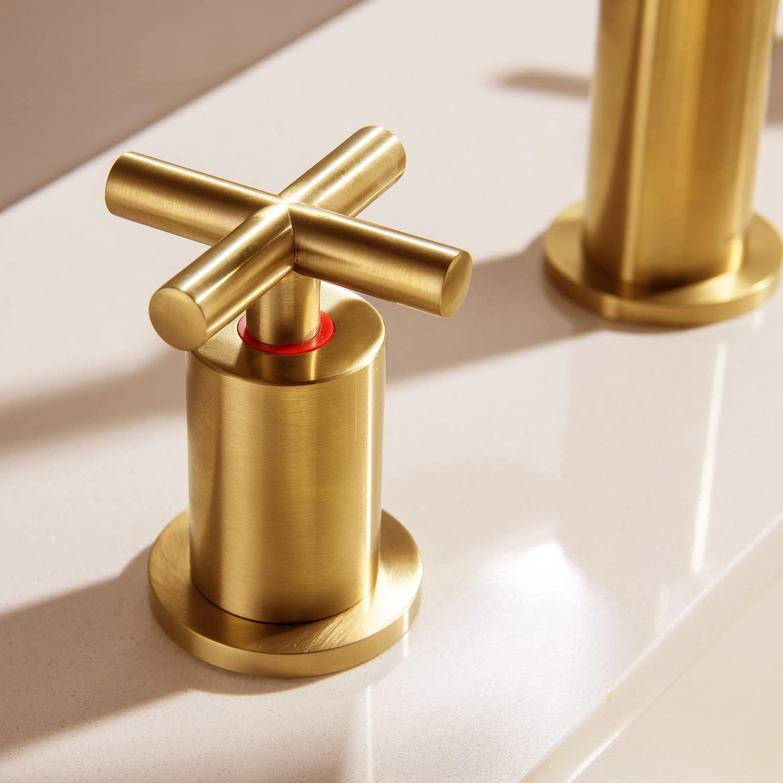 MR. FAUCET 2 Cross-Handle Gold Bathroom Sink Faucets with Waste Drain for 3 Hole 4-16 inch Deck Sink, Brushed Brass Gold