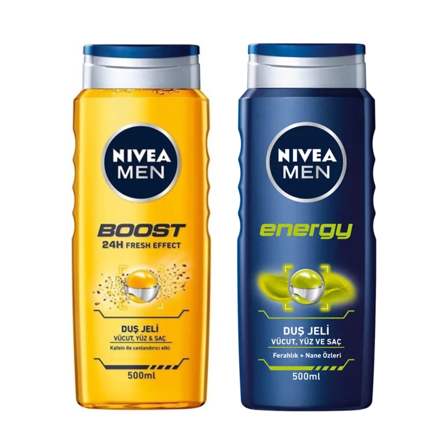 NIVEA Men Boost Duş Jeli 500 ml, 3'ü 1 Arada Komple Bakım, Vücut, Saç ve Yüz için, Kafein ile Canlandırıcı Bakım X2 + NIVEA Men Energy Duş Jeli, 500 ml, 3'ü 1 Arada Komple Bakım, Vücut, Saç ve Yüz