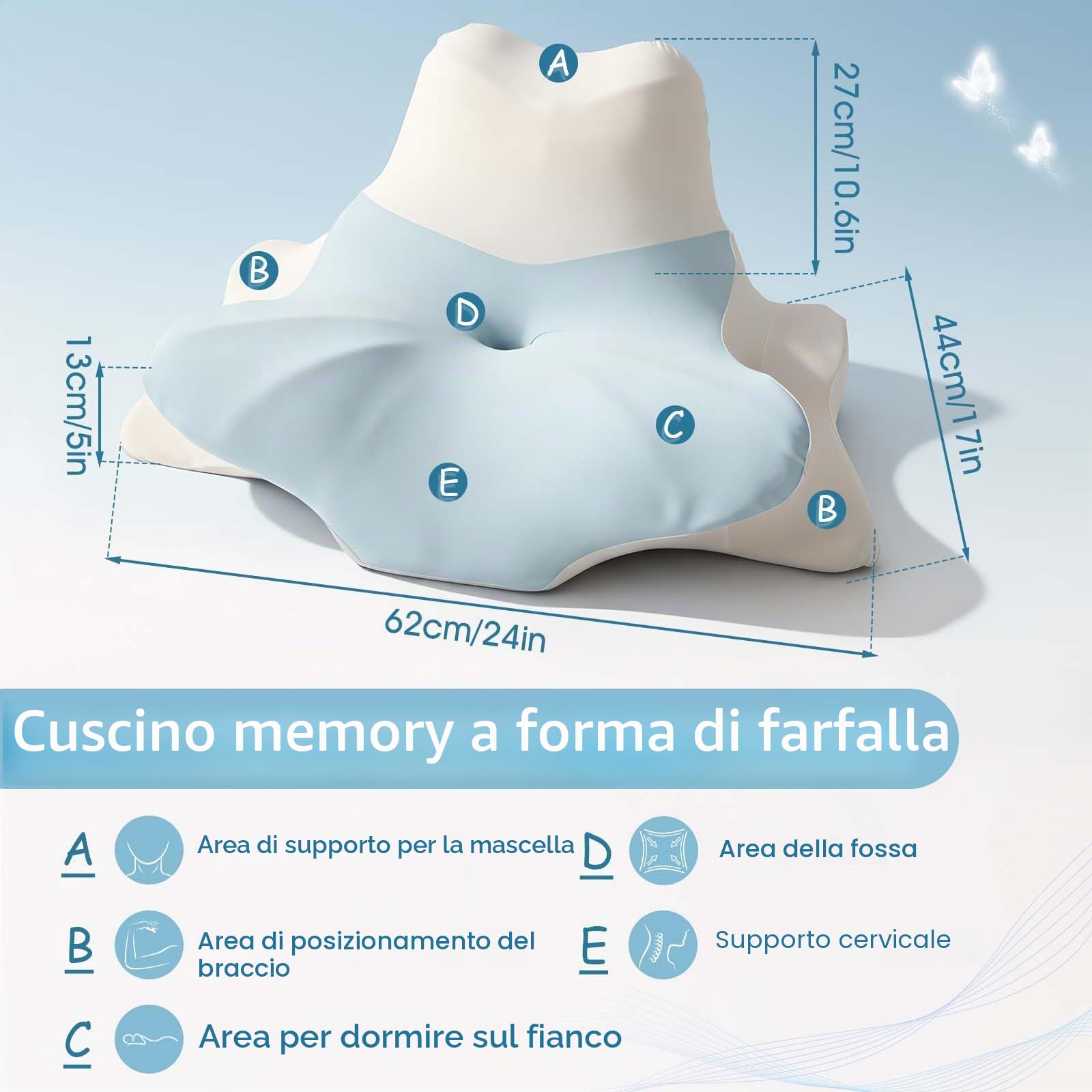 OKYUK Cuscino per chi dorme sul fianco, 4 in 1, ergonomico, in memory foam, con federa rimovibile, cuscino cervicale per la schiena e il sonno addominale (giuntura blu-bianca)