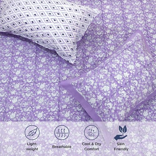 Image of TOAI Hand Block Printed Bedsheet | Bed Sheet Flatsheet | Pure Cotton | Double Bed Queen Size 90 inchx108 inch | 300 TC Bedsheets | Includes 2 Pillow Covers (Lavander Kalamkari)