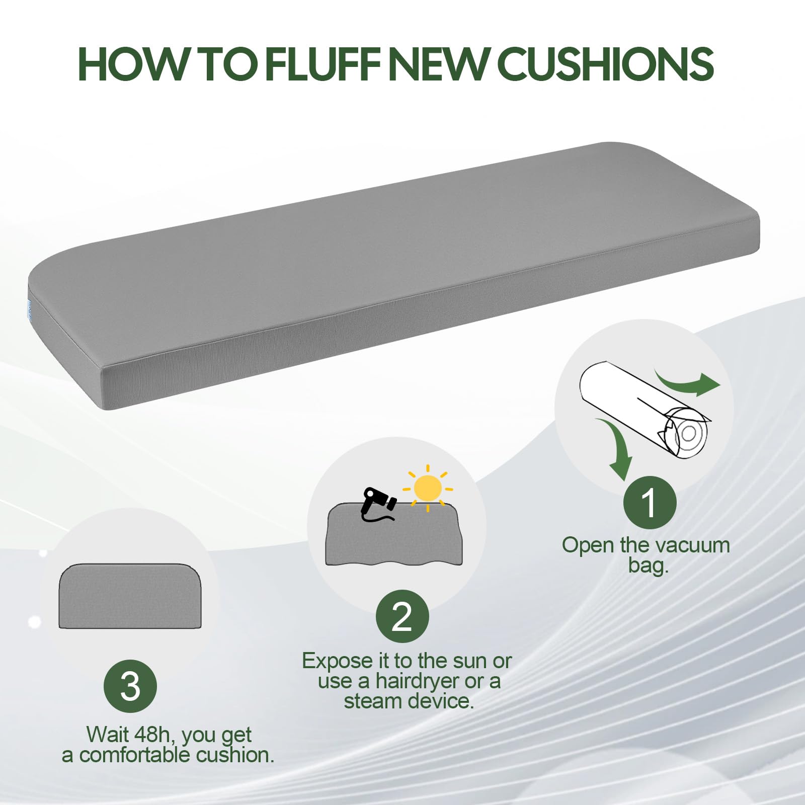 Coussin de rechange imperméable en mousse pour banc de jardin ou chaise 2 places pour extérieur, 108 x 45 cm, gris clair