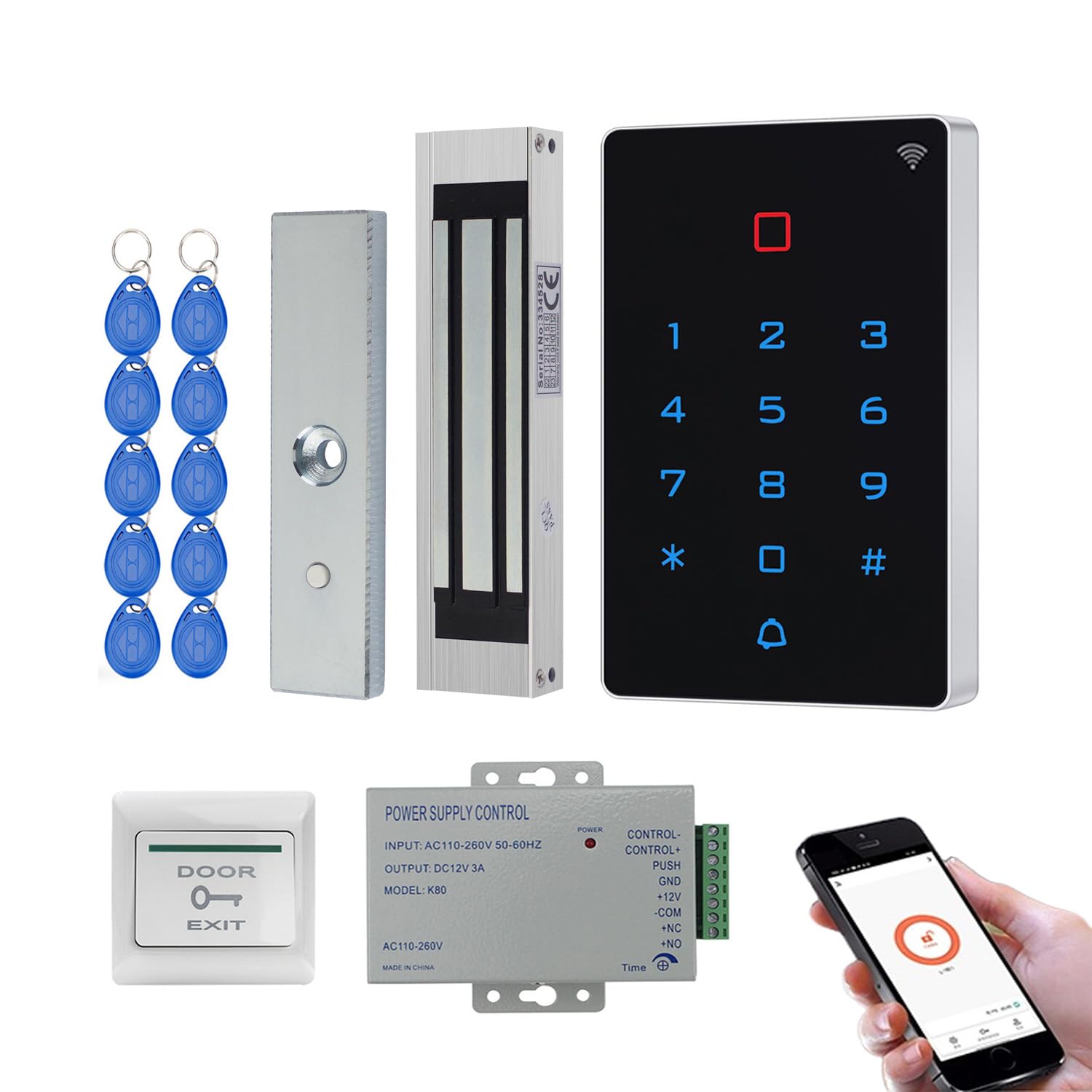 Kit de Control de Acceso WiFi Tuya – Teclado Táctil IP68 Retroiluminado con Apertura por App, Código Pin y RFID 125kHz, Electroimán 180kg (400lb) NC, Alimentación DC12V, Botón de Salida + 10 Llaveros