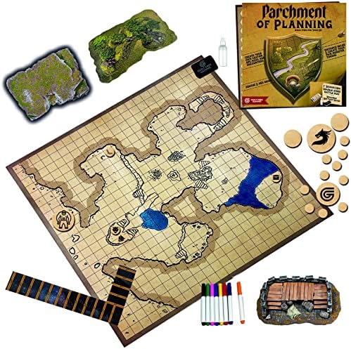 Parchment of Planning - 24x24 Square & Hex Dry Erase Battle Mat Game Board - 60FT Distance Ruler and Monster Tokens