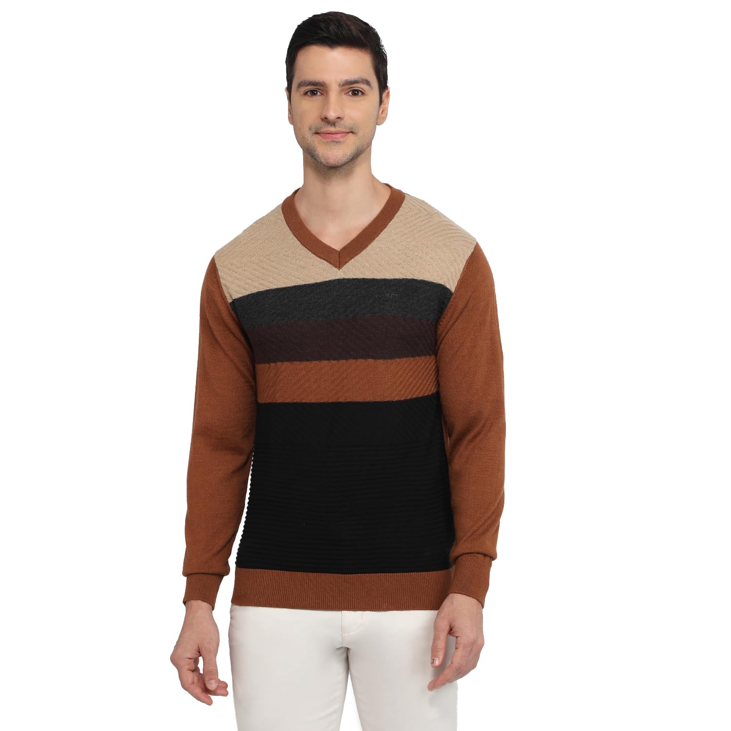 colorplus Men Regular Fit Jacquard Pattern Merino Wool Acrylic Blend Full Sleeve V Neck Casual Sweater Brown-picture-28