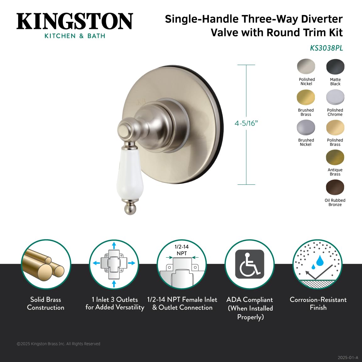Kingston Brass KS3032PL Válvula desviadora de Tres vías con Kit de Ajuste, latón Pulido