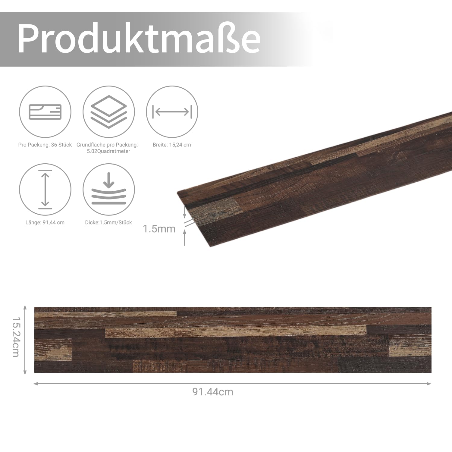 PVC Bodenbelag Vinylboden selbstklebend, 5,02 m²/36 Stück Wasserdicht & rutschfest Vinyl klebefliesen boden, 91.44 x 15.24 cm Bodenfliesen Selbstklebend für Küche, Schlafzimmer (Holzmaserung)