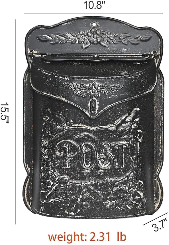 Wall Mount Mailbox for Outside Vintage Mail Boxes for House Outside Metal Door Mailbox Drop Box Antique Style Nostalgic Charm Home Decorative, Flower Pattern, Black