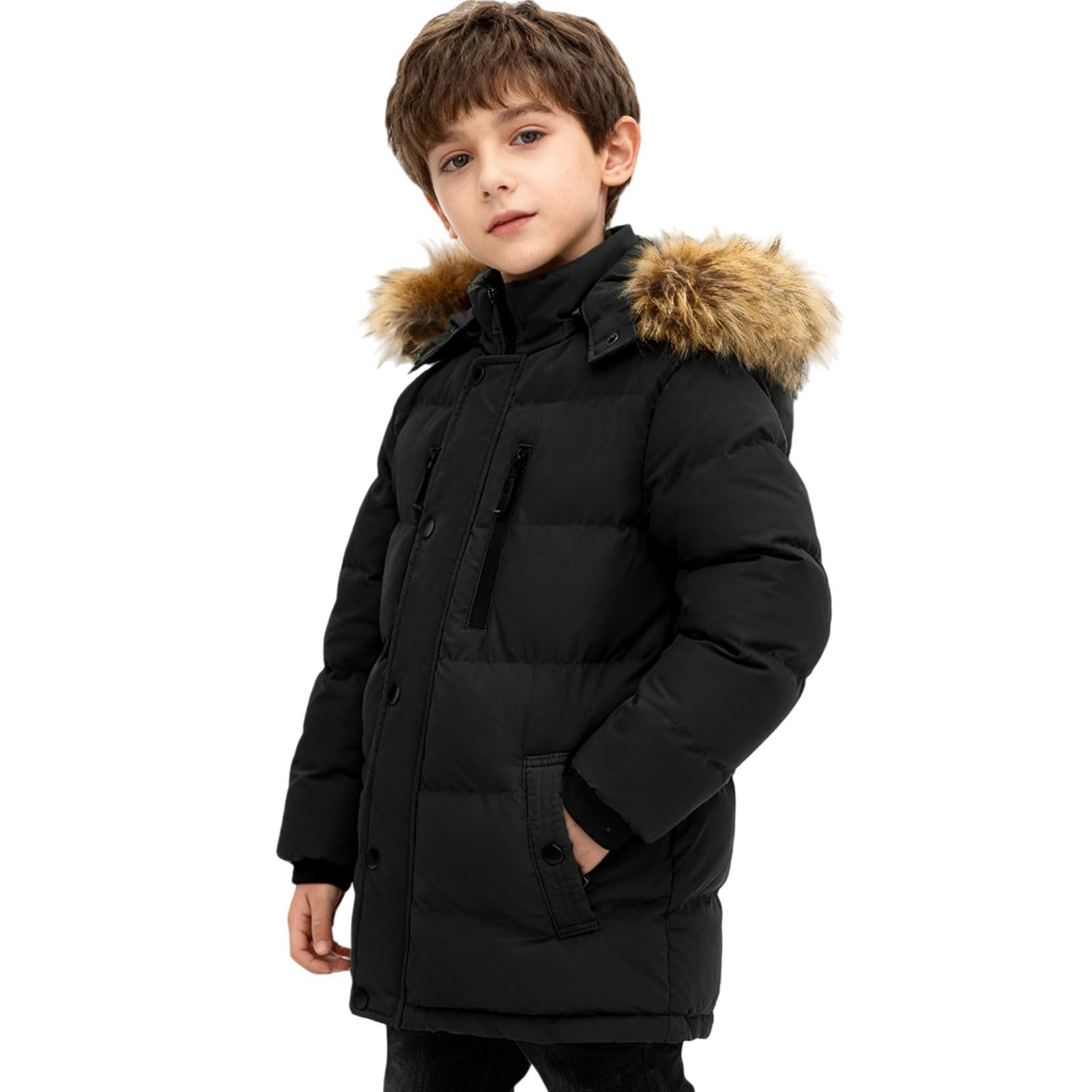 Piumino per bambini con cappuccio in pelliccia e tasche, tinta unita, giacca invernale, impermeabile, comodo, morbido, giacca a vento, giacca con cappuccio, leggera, alla moda, per attività all'aria