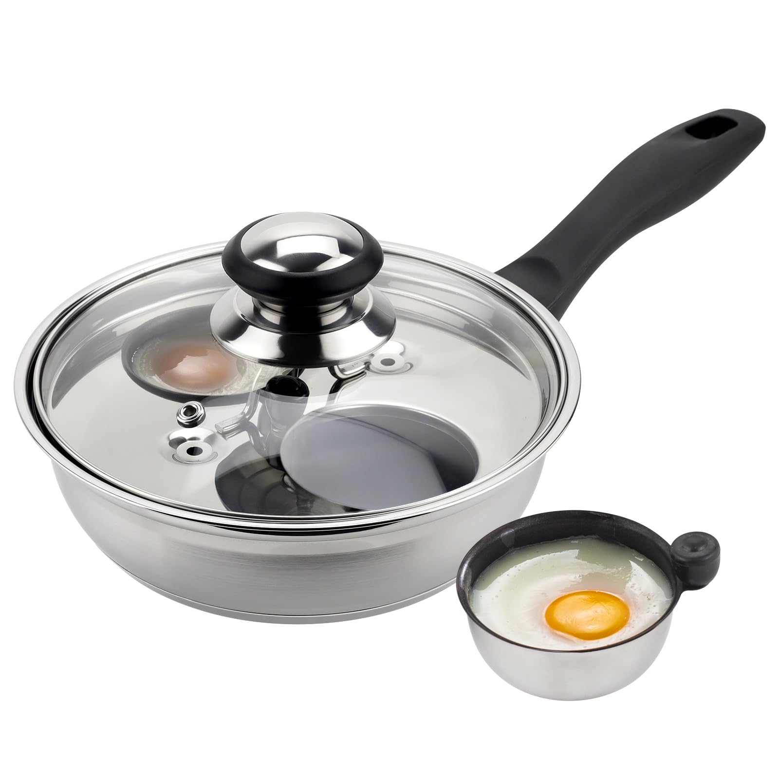 MARSKITOP Sartén escalfadora de huevos antiadherente para 2 huevos, olla de huevos escalfados de acero inoxidable, sartén para huevos escalfados sin PFOA, máquina de huevos escalfados con tazas de