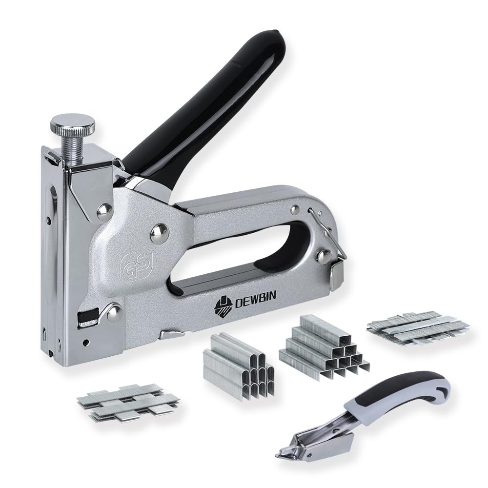 Upholstery Staple Gun Heavy Duty, DEWBIN 4 in 1 Stapler Gun with 2000 Staples, Manual Brad Nailer Power Adjustment Furniture Stapler Gun for Wood,
