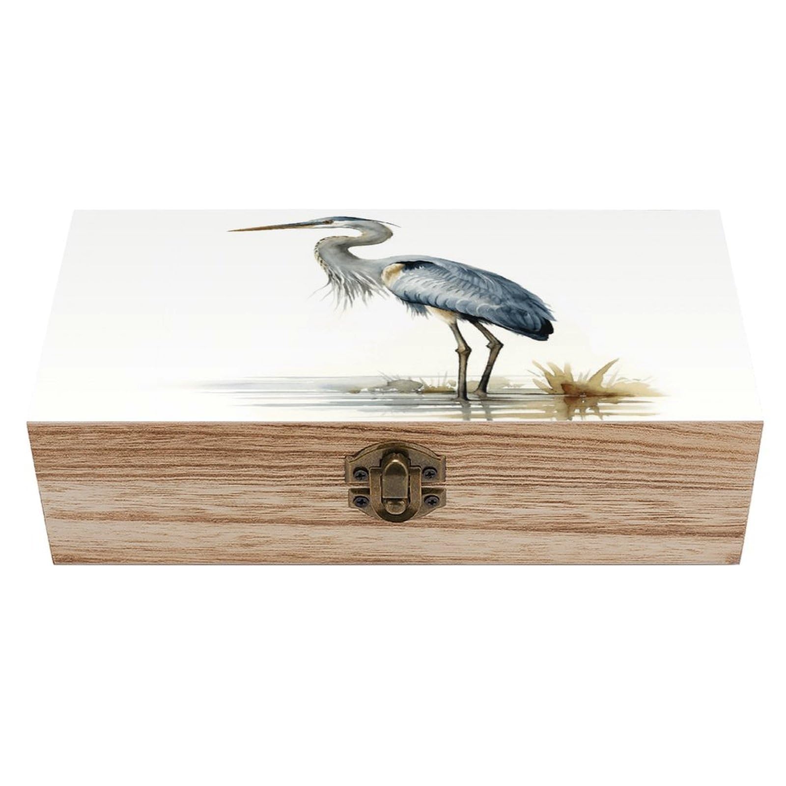 FekiLoot Natural Wooden Keepsake Box with Hinged Lid, 8x4 Inch Long-beaked Heron Memory Box, Wood Jewelry Organizer & Trinket Holder, Gift for Men Women Anniversary Wedding