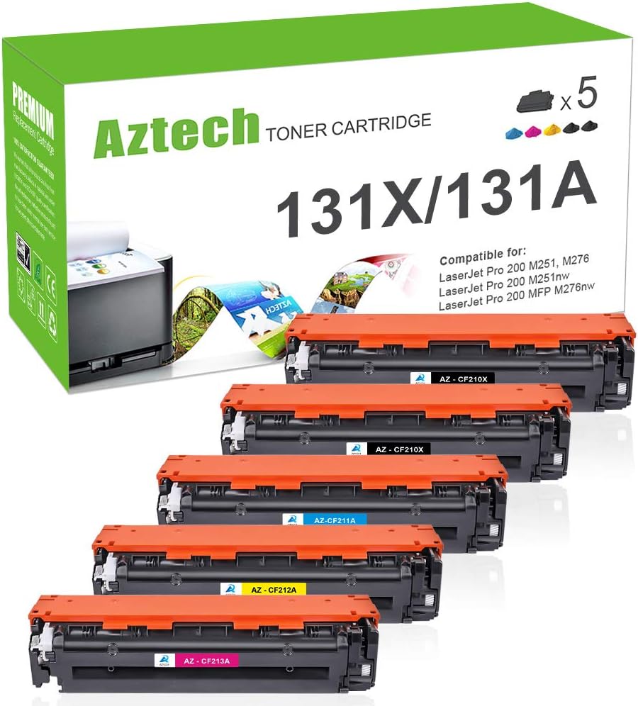 AztechCompatible Toner Cartridge Replacement for HP 131A 131X Pro 200 Color M251nw M251n M276nw MFP M276n CF210X CF210A CF211A CF212A CF213A Printer Ink (Black Cyan Yellow Magenta, 5-Pack)