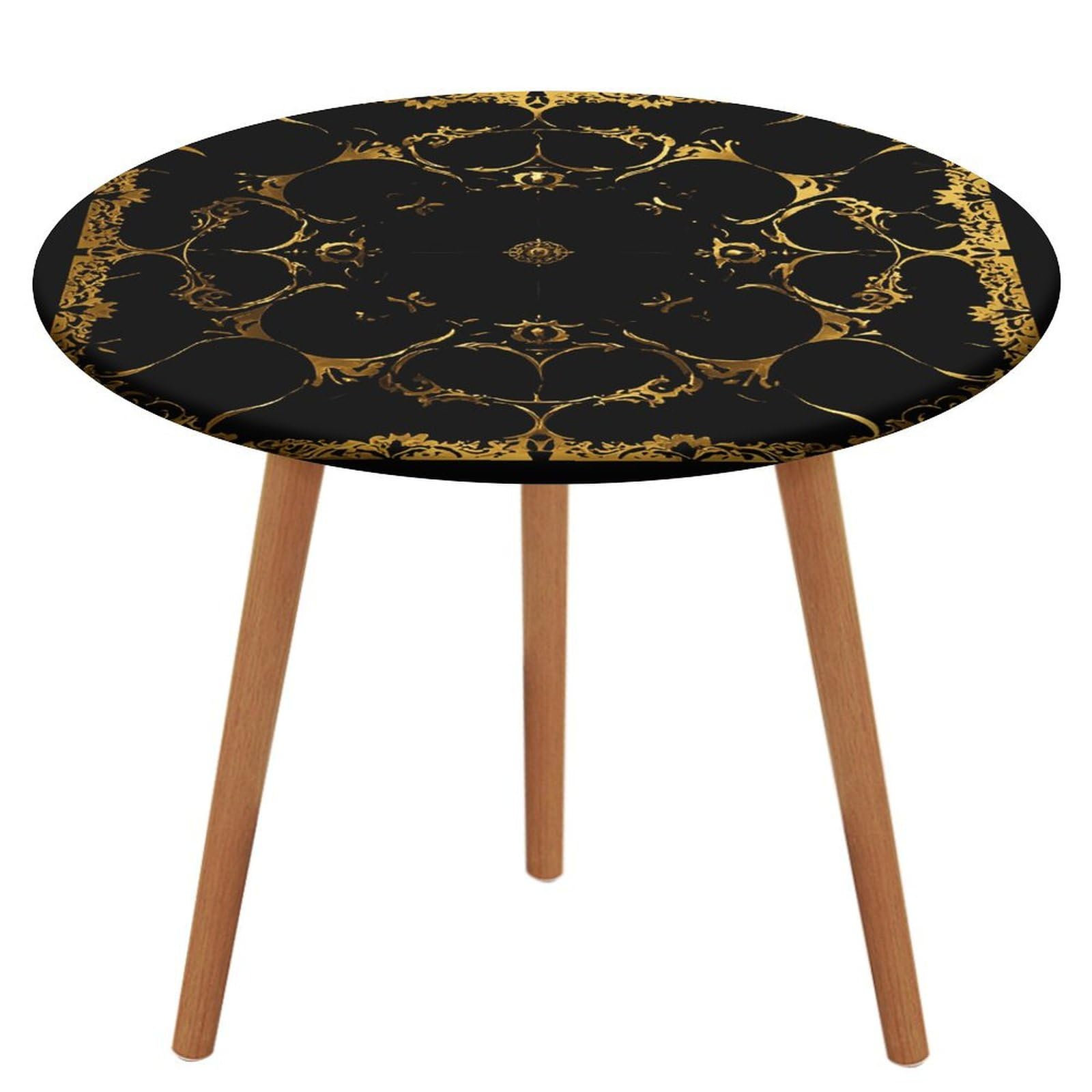 Nappe ronde imprimée noire et dorée 130 cm imperméable à bord élastique