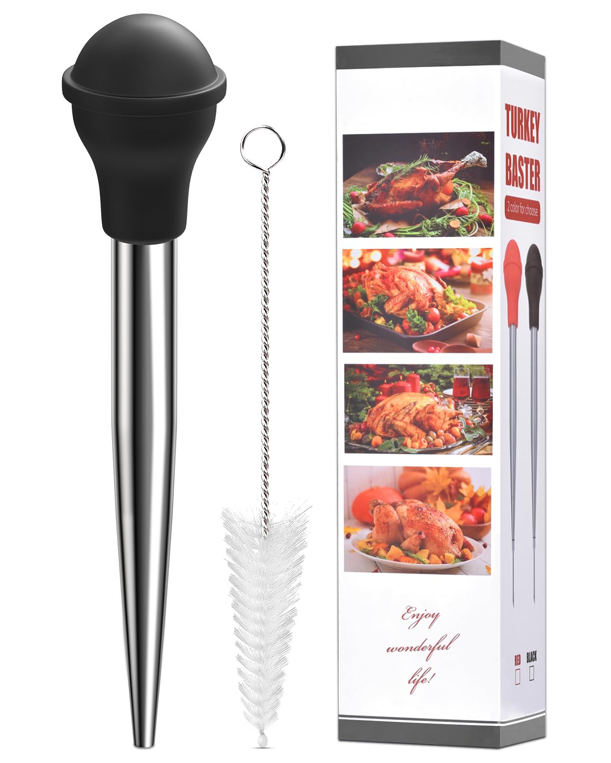 Turkey Baster Long, ARRITZ Stainless Steel Baster For Cooking with Cleaning Brush, 2 Baster Tips, Black