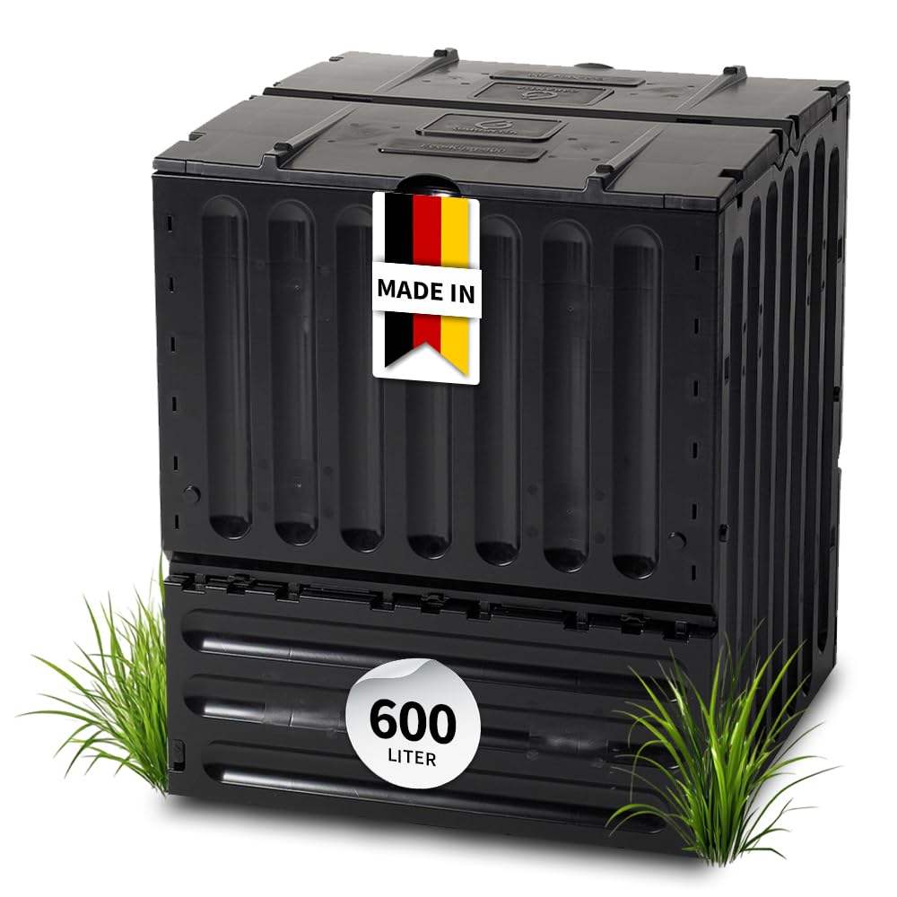 GARANTIA ECO-King Komposter 600 Liter schwarz - zum bequemen Befüllen im Garten - ohne Werkzeug schnell montierbar - mit praktischer Entnahme und windstabiler Deckelfixierung bei Witterung im Freien