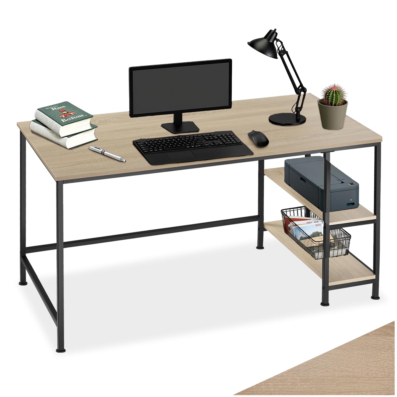 tectake® Computer Desk in Minimalist Design, Home Office Desk with Storage Shelves, Wooden Tabletop & Sturdy Steel Frame, Ideal Living Room, Bedroom & Study Table, 120 x 60 x 75.5 cm - Light Wood — image 1