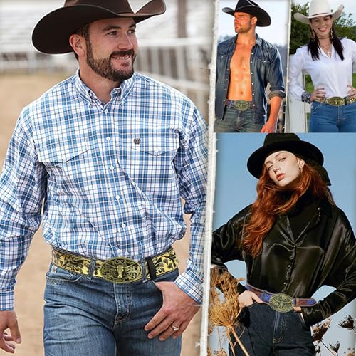 Western Cowboy Cowgirl Belt Country belt for Men Women Vintage Engraved Leather Longhorn Bull Buckle Belts for Jeans4