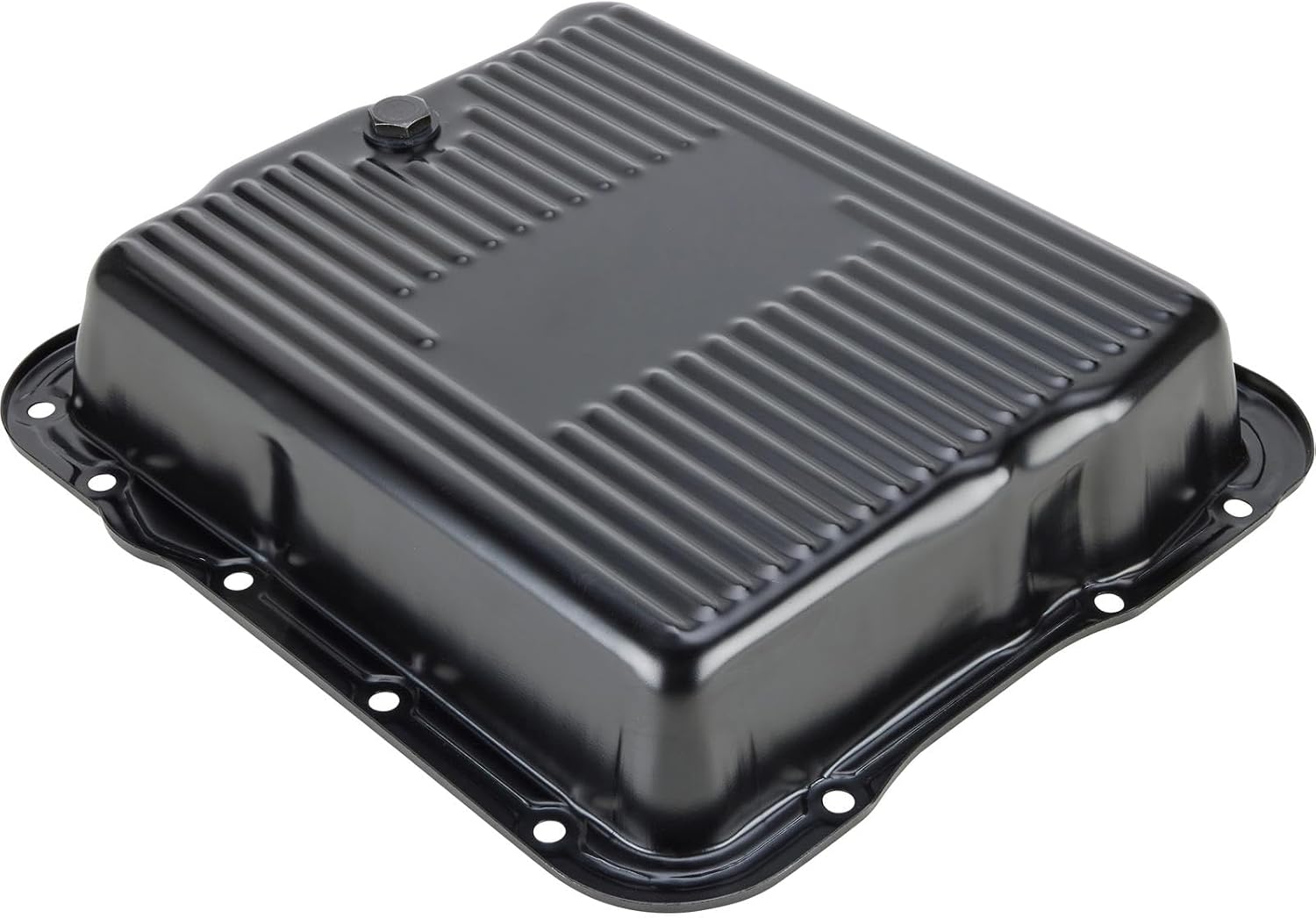 Speedway Motors Black Steel Transmission Pan for GM 700R4, 4L60E and 4L65E, Stock Capacity with Finned Design, 2-5/8 Inch Deep, Includes 1/2-20 Drain Plug
