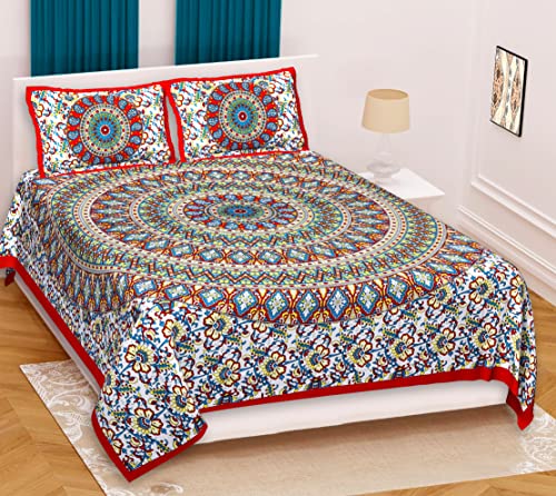 Image of RajasthaniKart Pure 100% Cotton Double Bed Sheet with 2 Pillow Covers (Bedsheet for Double Bed Cotton, Jaipuri, King Size, Red Ghera)